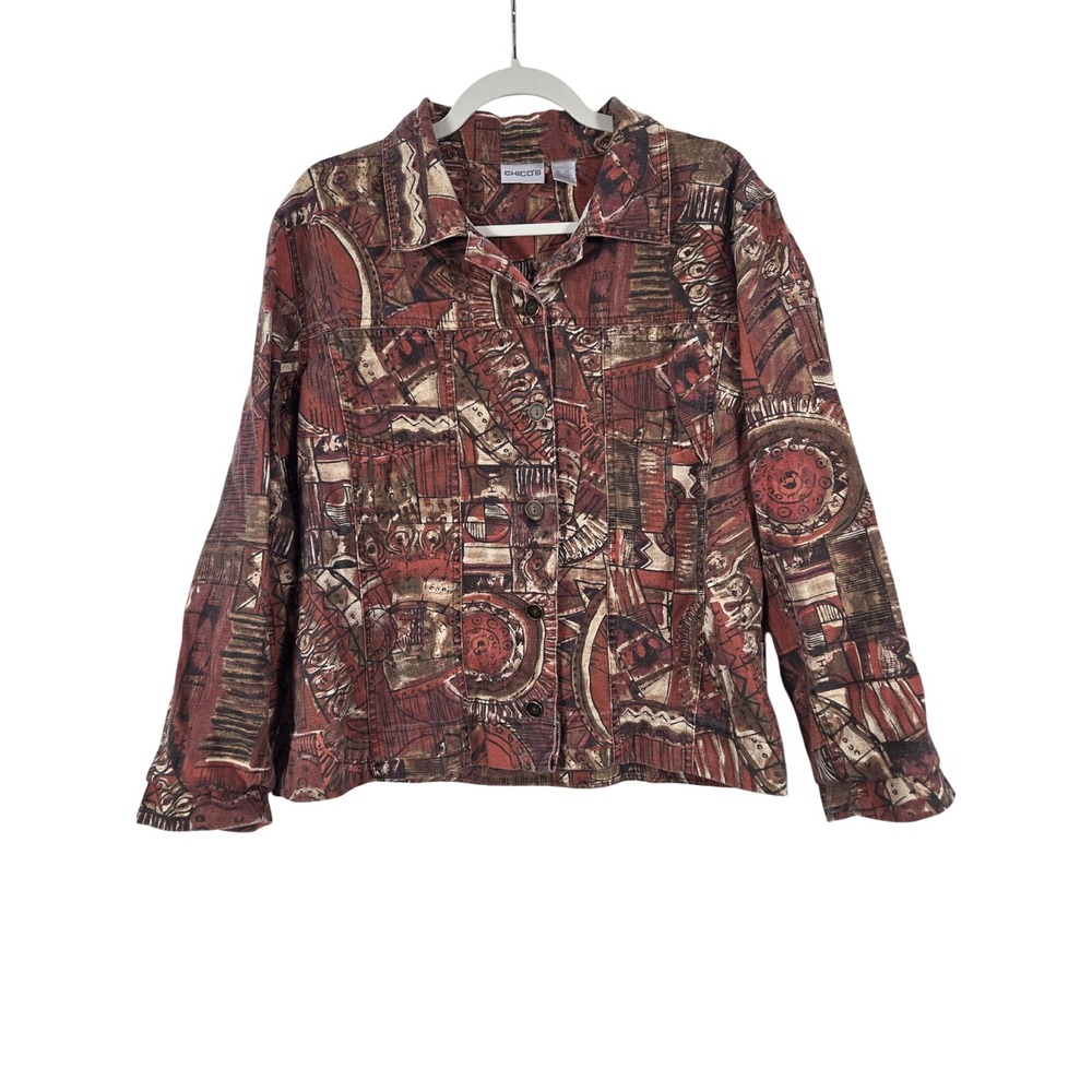 Chico's Linen Cotton Jacket Womens 2 Red Abstract Button‎ Up Boho Lightweight